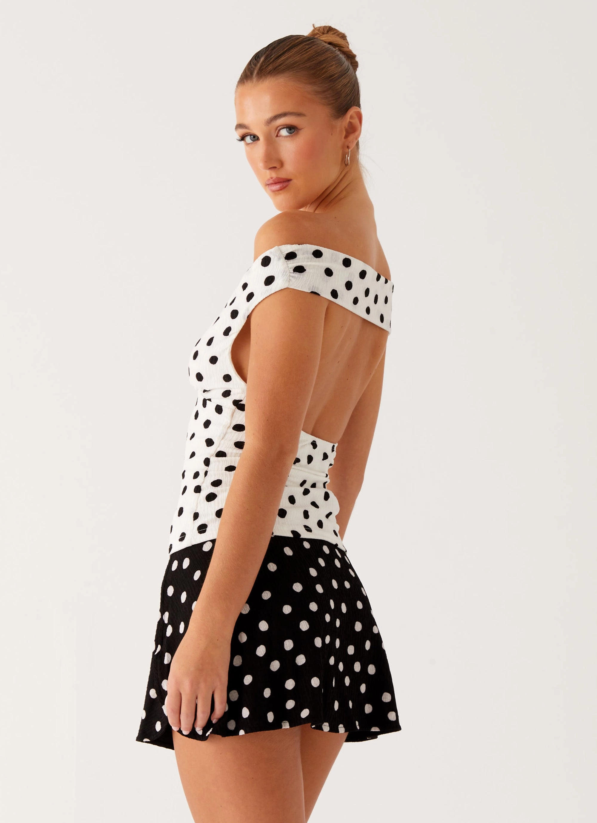 Rylie Top - White Polka Dot Buttery Soft Feel Interlock Knit
