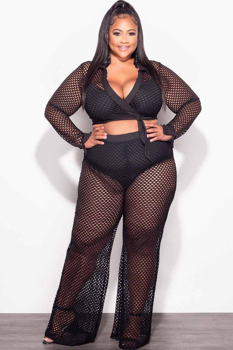 Core Style Chic Appeal Final Sale Plus Size 2pc Fishnet Faux Wrap Tie Top and Pants Set in Black