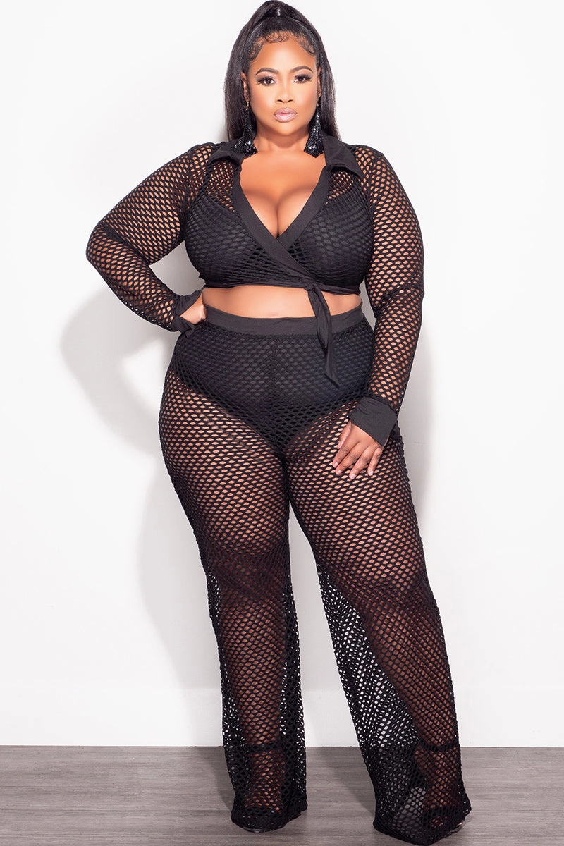 Final Sale Plus Size 2pc Fishnet Faux Wrap Tie Top and Pants Set in Black Multi-Purpose Wear