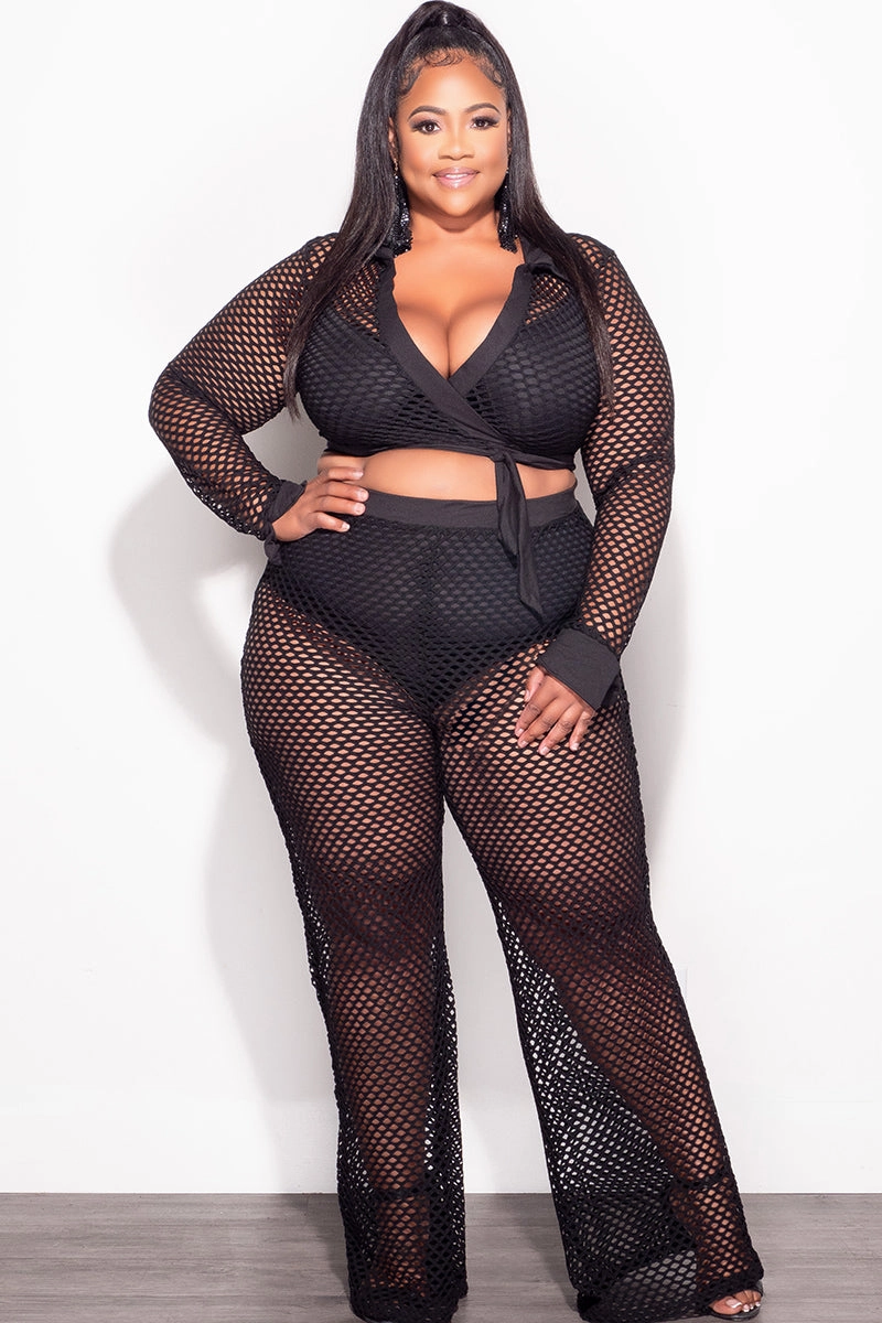 Chilly Weather Final Sale Plus Size 2pc Fishnet Faux Wrap Tie Top and Pants Set in Black