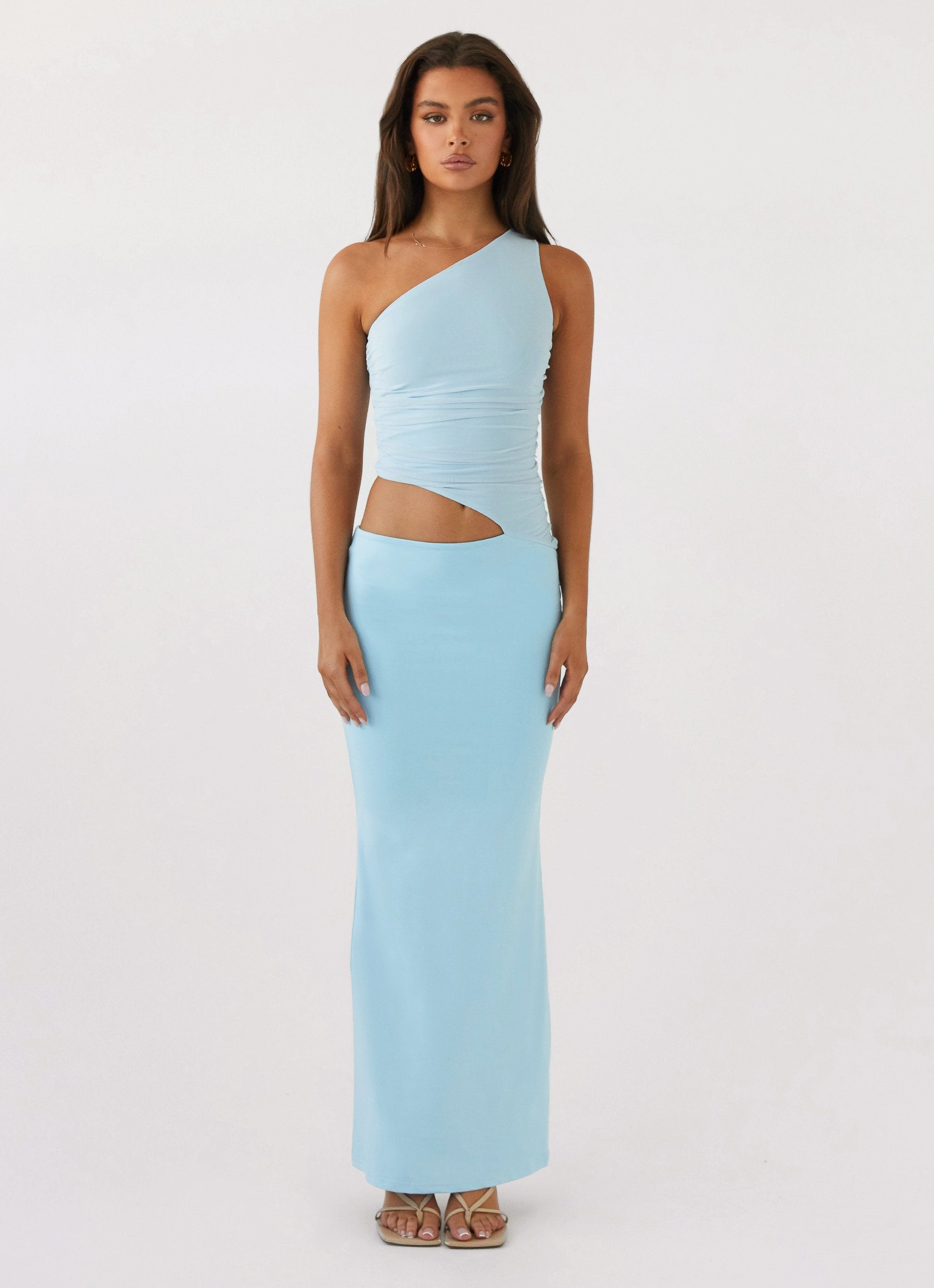 Sister Charm Chic Waist Design Seranella One Shoulder Maxi Dress - Sky Blue
