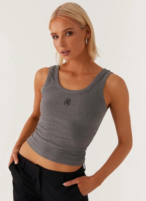 DropShoulderConstruction Elegant Look Signature Tank Top - Dark Grey Marle