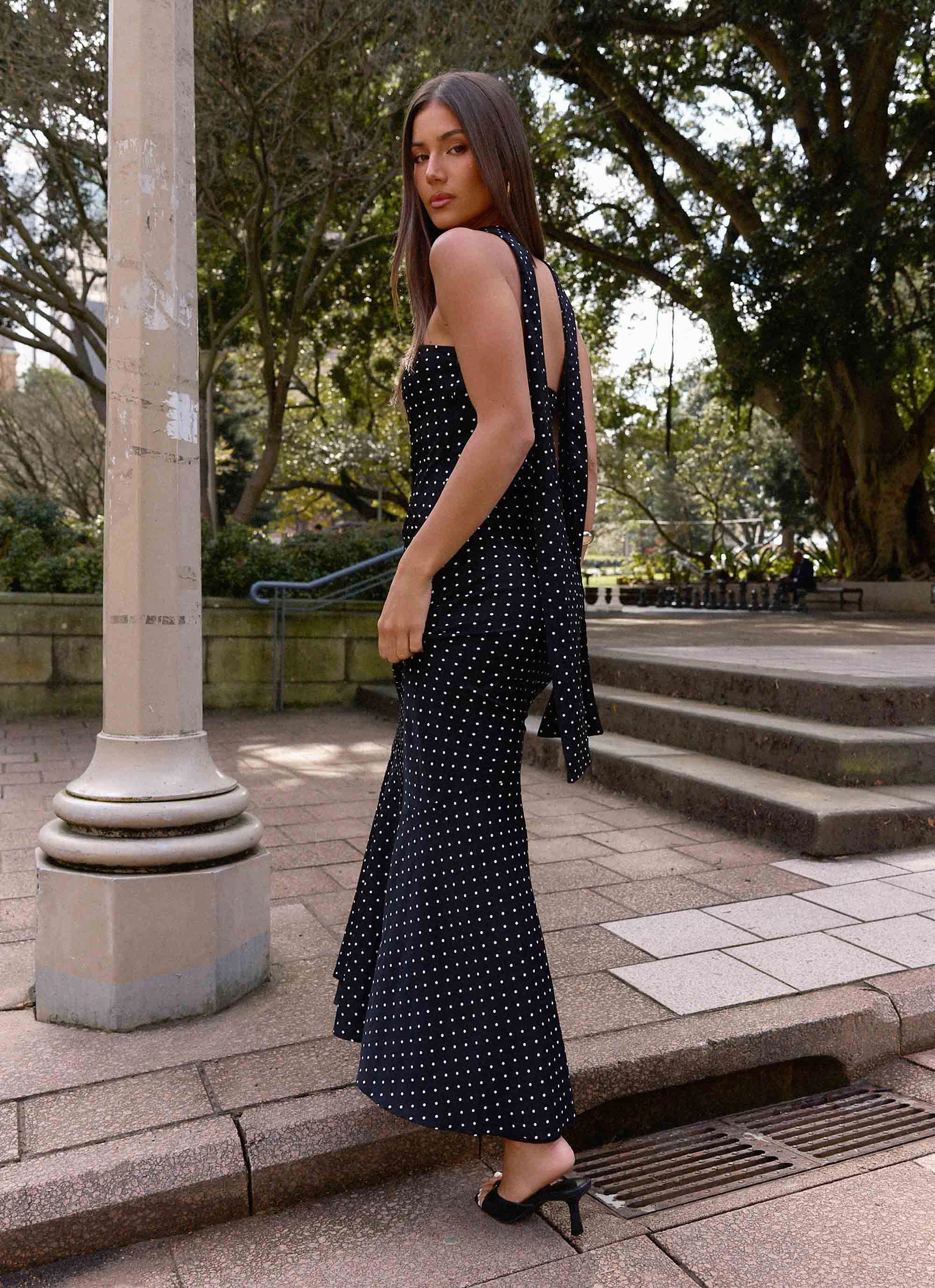 Youthful Style Under The Pagoda Maxi Dress - Black Polkadot