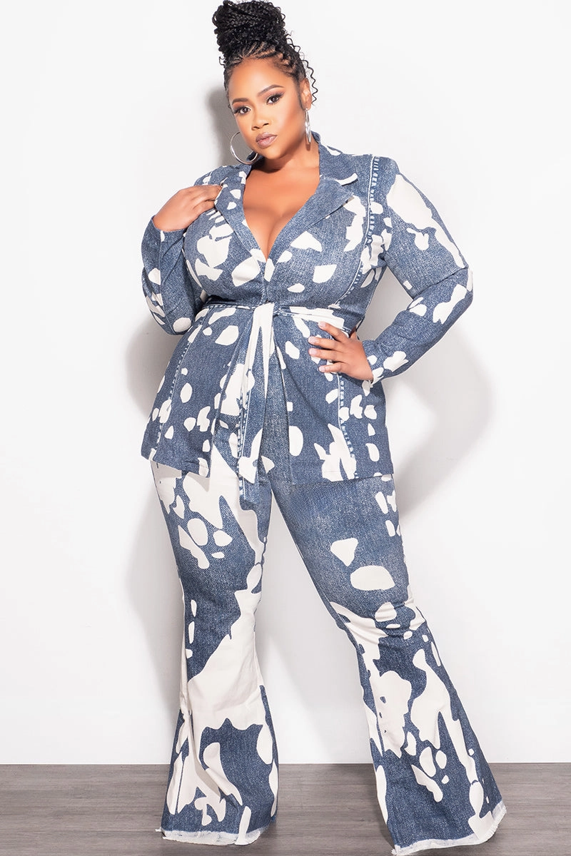 Final Sale Plus Size 2pc Blazer and Pants Set in Off White and Navy Dalmation Print Body Fit Anti Chafe Lining