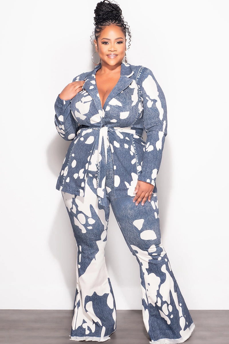 Final Sale Plus Size 2pc Blazer and Pants Set in Off White and Navy Dalmation Print Anti Pilling Finish