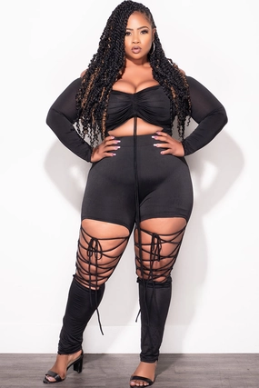 Tight Waist Final Sale Plus Size 2pc Crop Top and Lace Up Pants Set in Black
