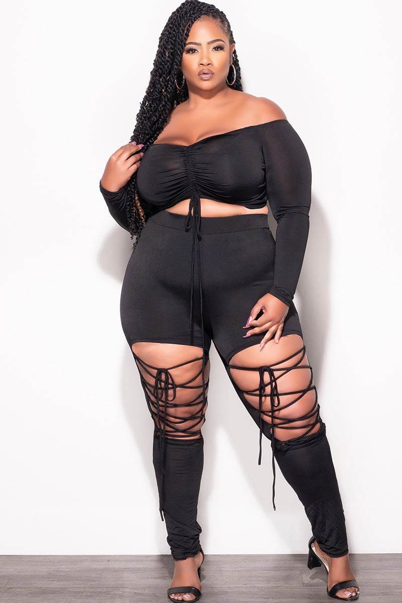 Sport Layer Final Sale Plus Size 2pc Crop Top and Lace Up Pants Set in Black