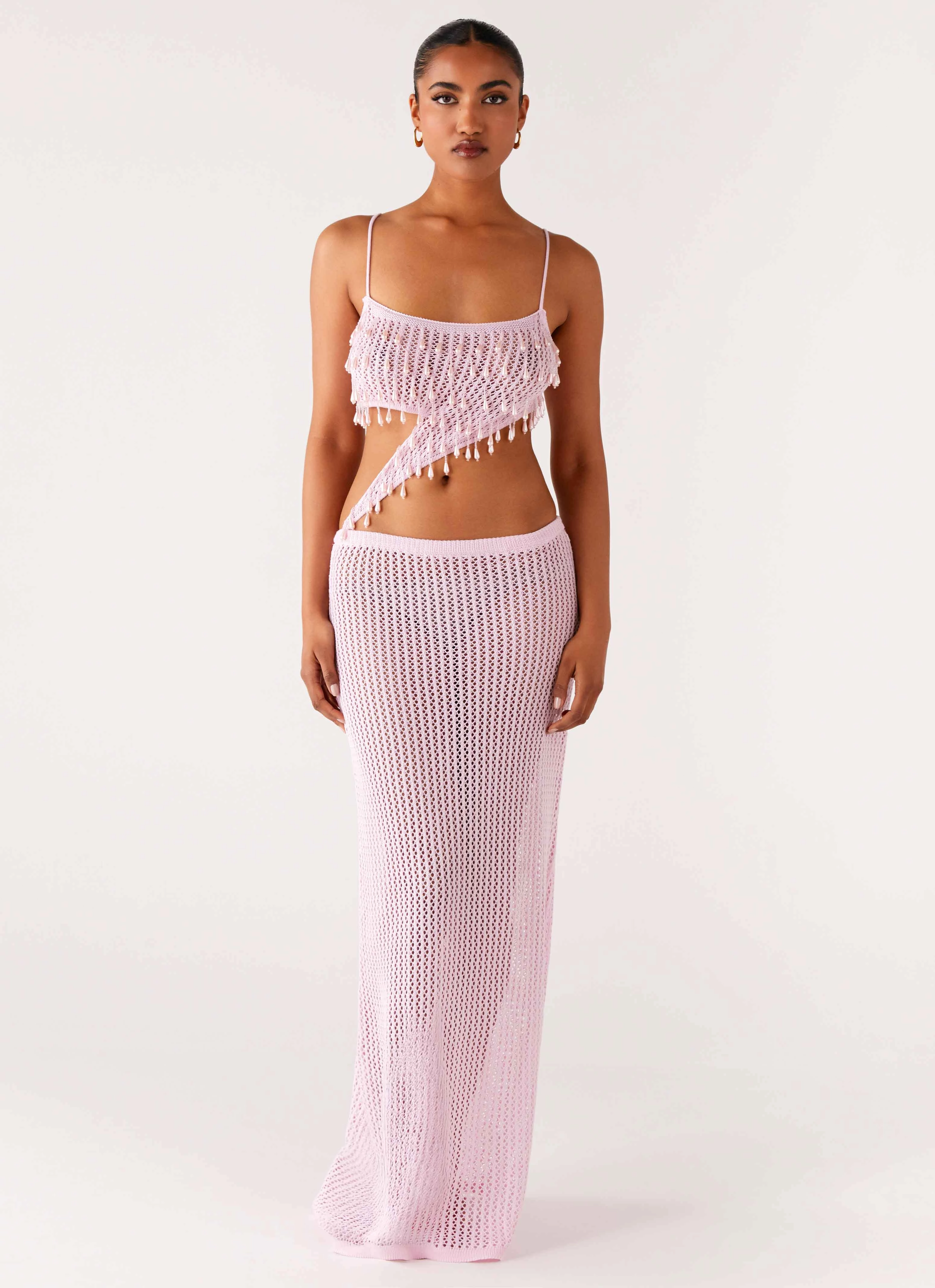 Shellbound Crochet Maxi Dress - Pink Silky Drape