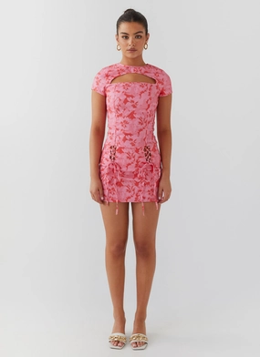 Take A Sip Tie Mini Skirt - Cherry Blossom Flexible Waist Simple Cut