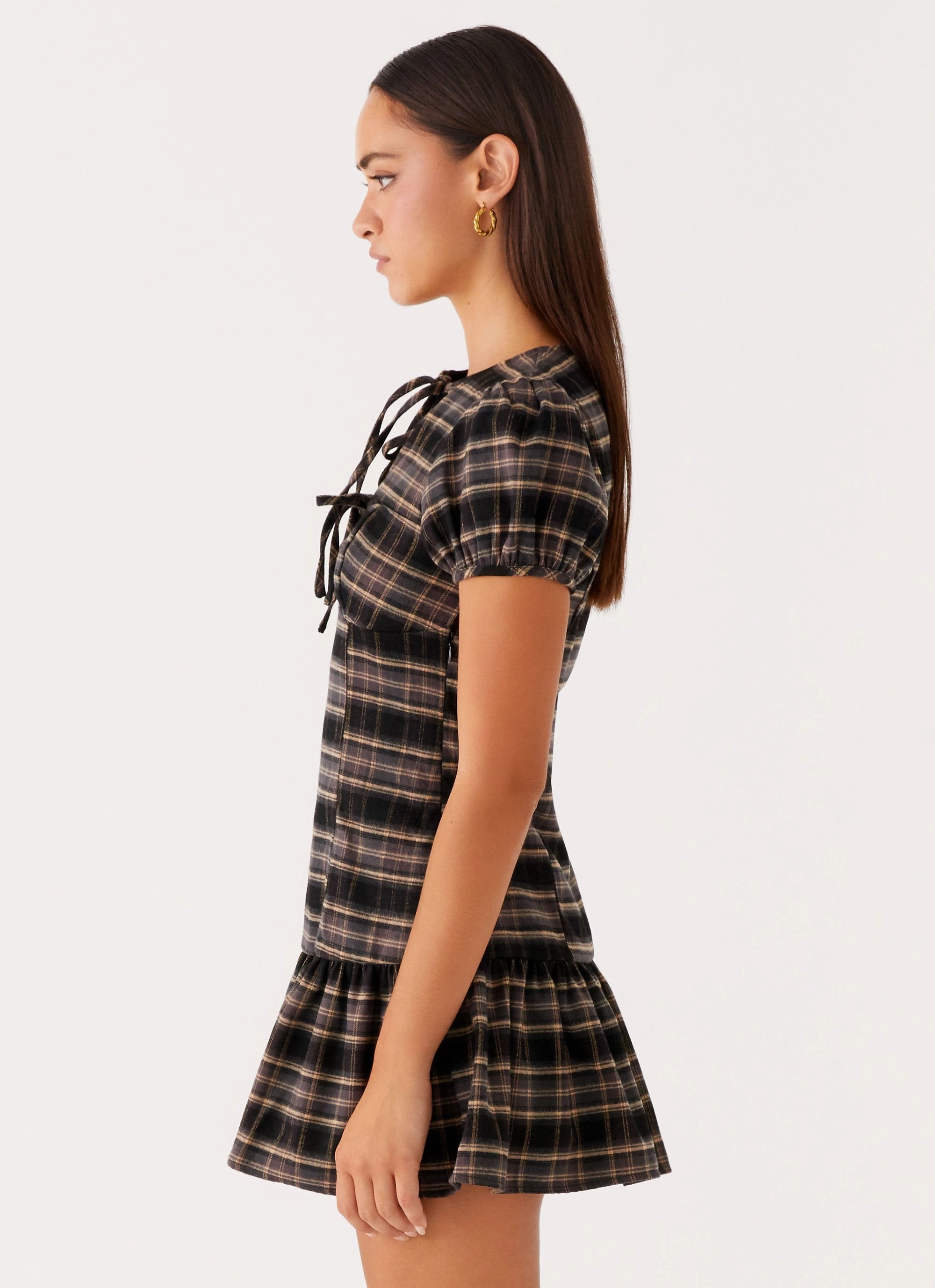 Taylor Keyhole Mini Dress - Brown Check Draped Layer Climate-Adaptive