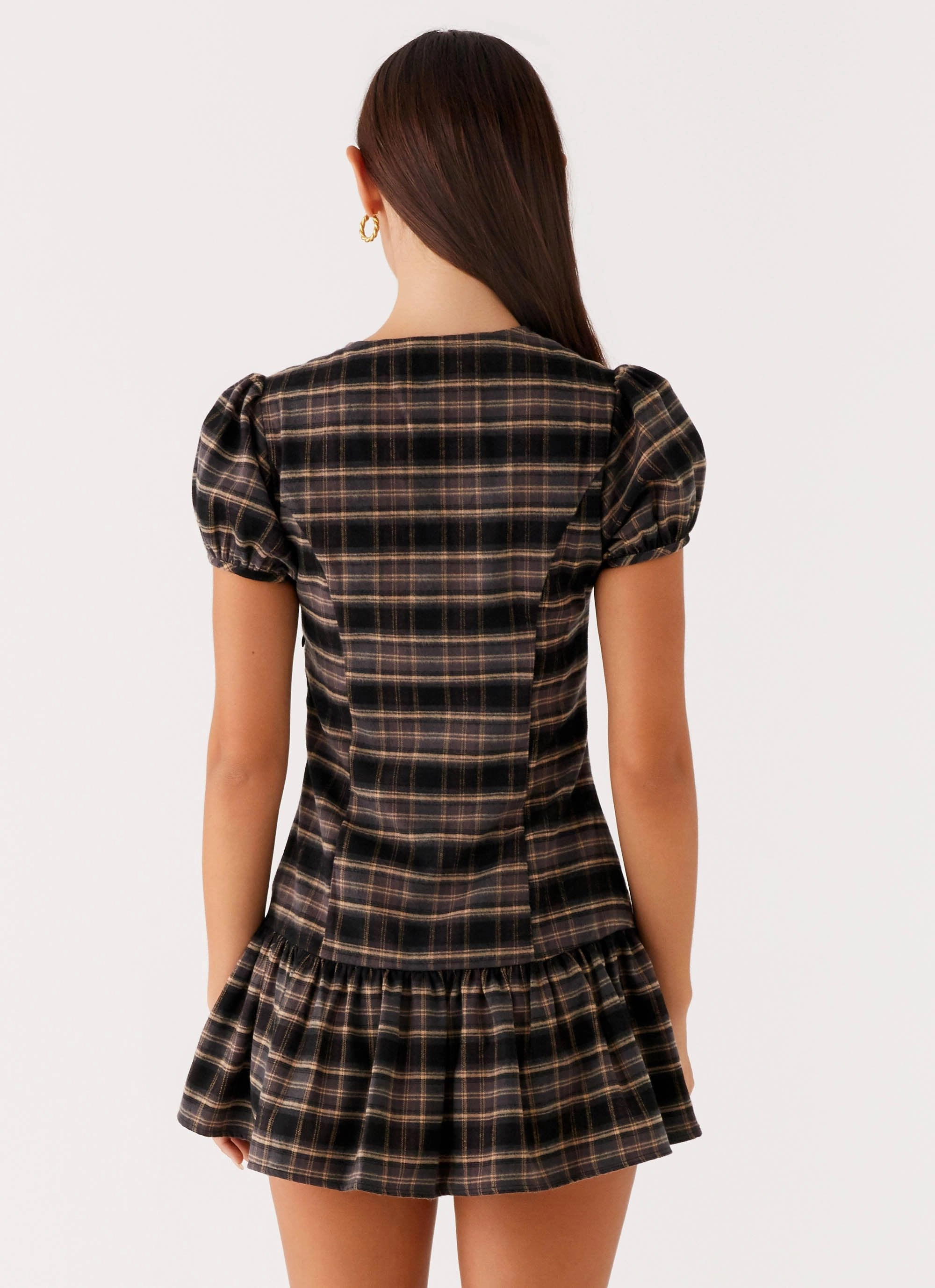 Classic Comfort Style Upgrade Taylor Keyhole Mini Dress - Brown Check