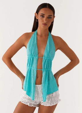 Callie Ruched Halterneck Top - Turquoise Casual Tee