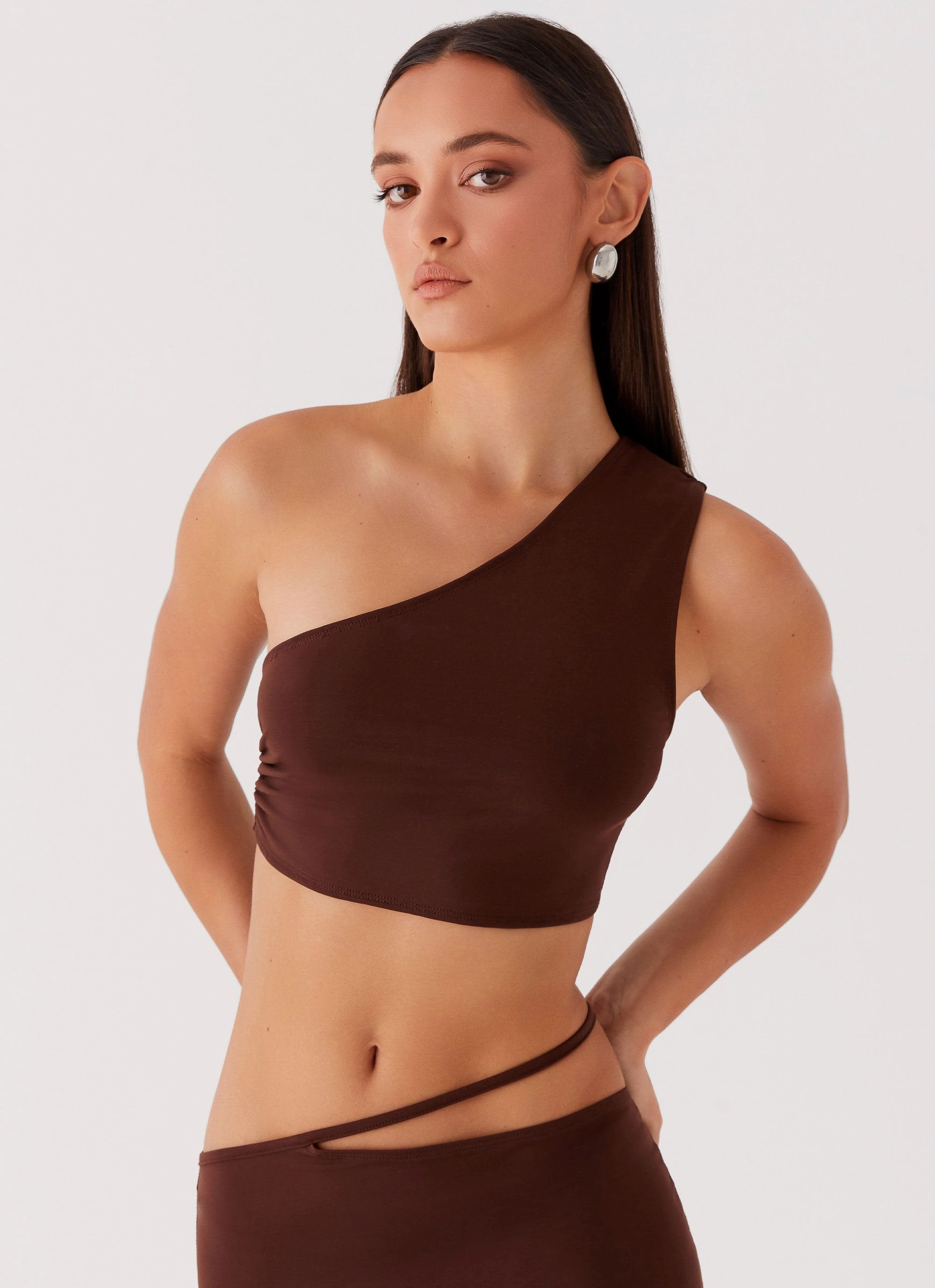 Fade Resistant Finish WrinkleFree Weave Like You Do One Shoulder Crop Top - Chocolate