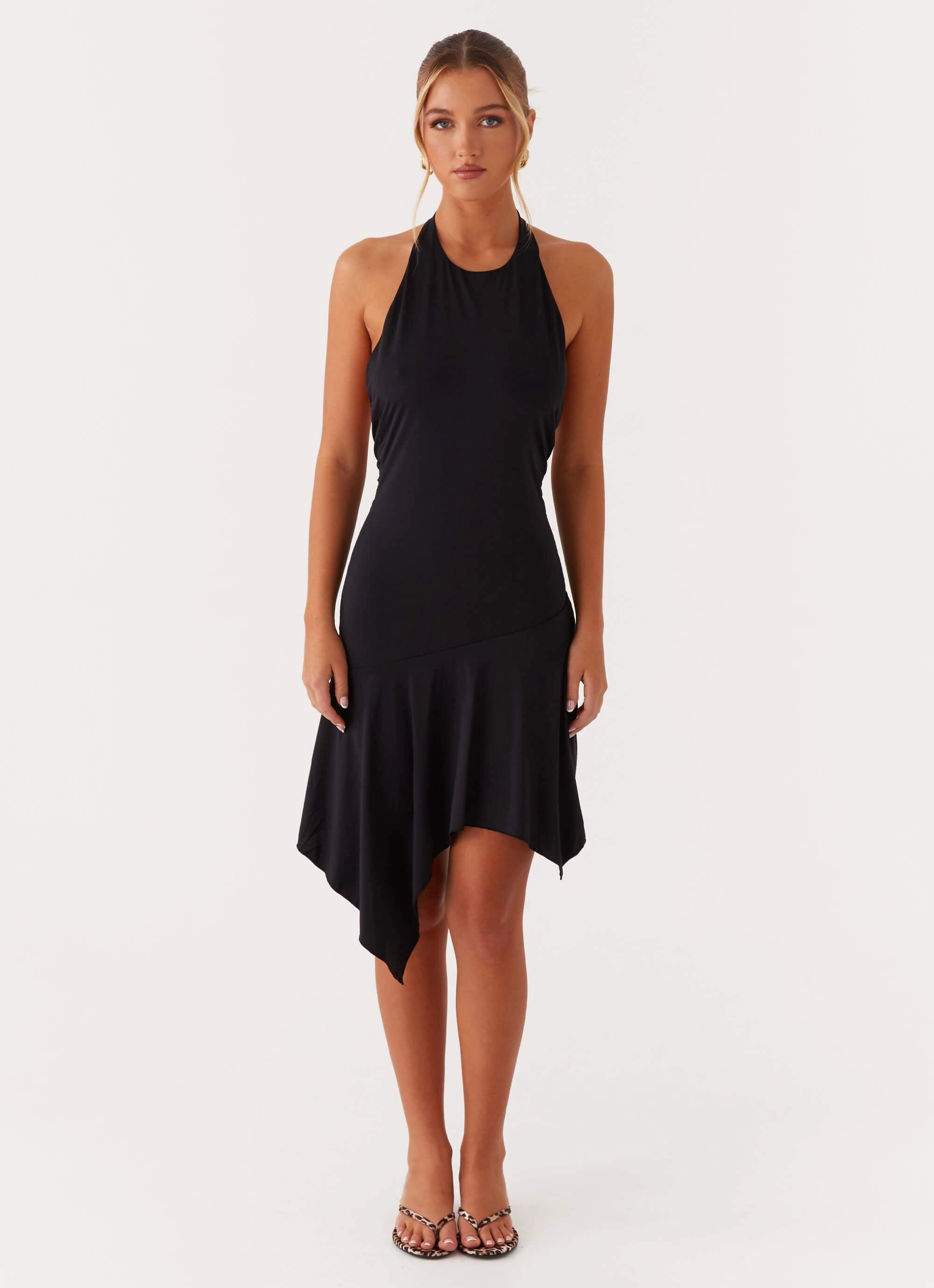 Lilyana Low Back Halter Midi Dress - Black Versatile Cut