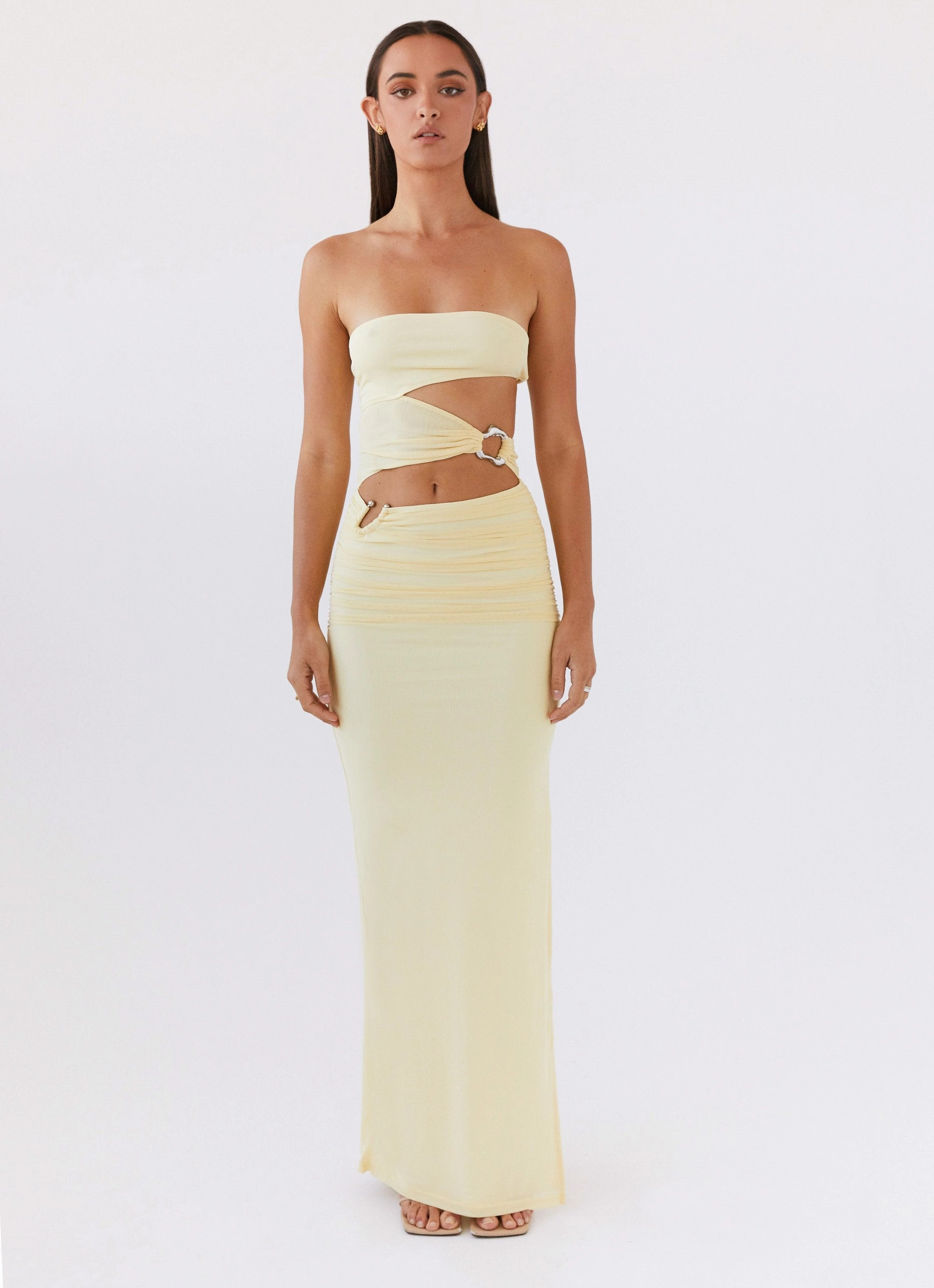 Flattering Comfort Wear button detail Into Pieces Mesh Maxi Dress - Lemon