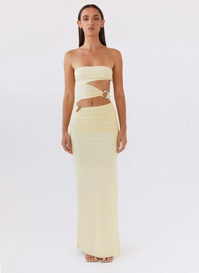 Flattering Comfort Wear button detail Into Pieces Mesh Maxi Dress - Lemon