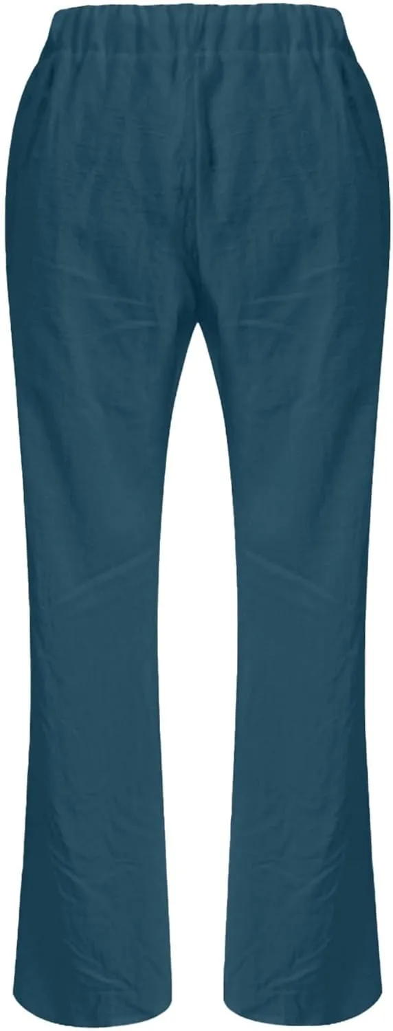 Linen Pants for Women Drawstring Wide Straight Leg Loose Fit Trousers with Pocket Summer Casual Outing Loungewear