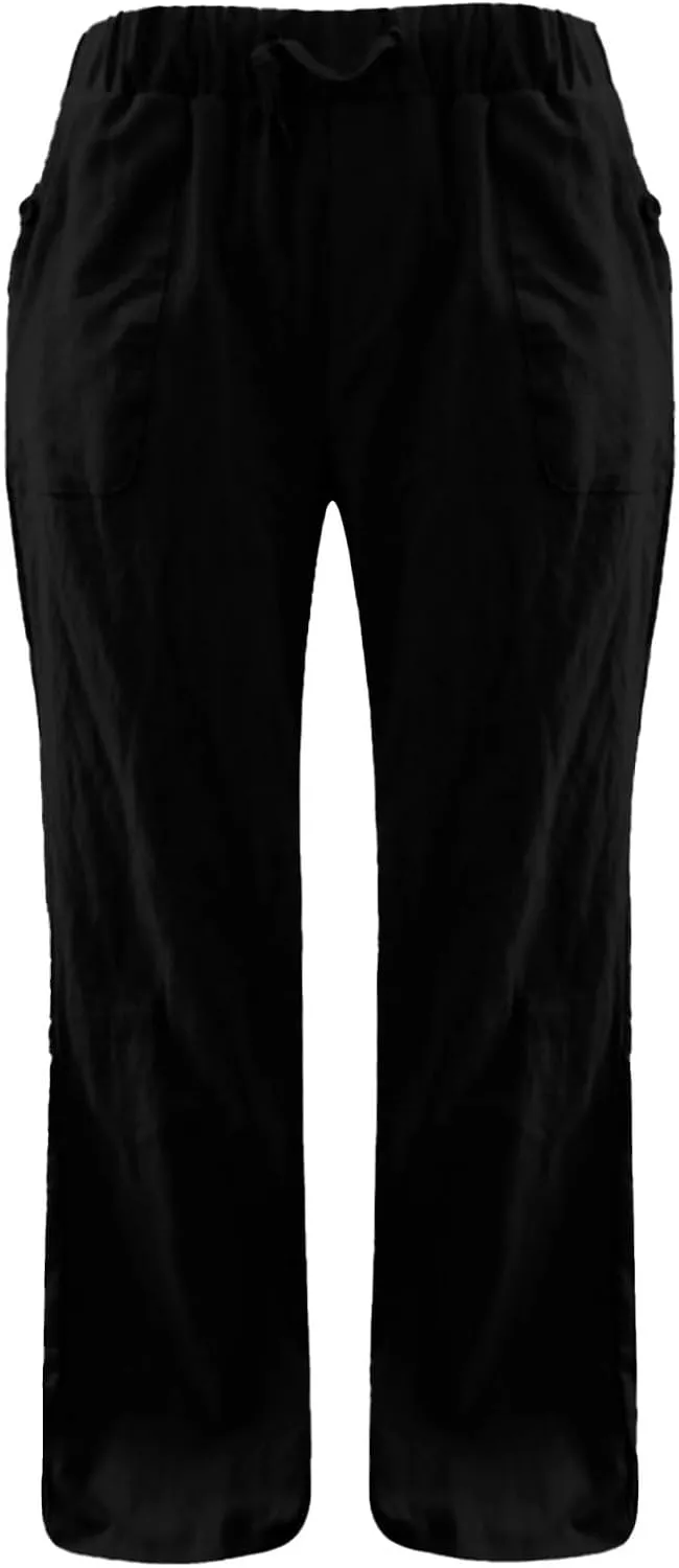 Linen Pants for Women Drawstring Wide Straight Leg Loose Fit Trousers with Pocket Summer Casual Outing Loungewear