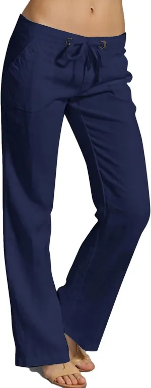 Linen Pants for Women Drawstring Wide Straight Leg Loose Fit Trousers with Pocket Summer Casual Outing Loungewear