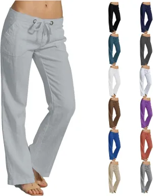 Linen Pants for Women Drawstring Wide Straight Leg Loose Fit Trousers with Pocket Summer Casual Outing Loungewear
