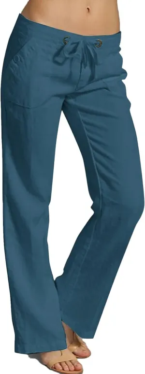 Linen Pants for Women Drawstring Wide Straight Leg Loose Fit Trousers with Pocket Summer Casual Outing Loungewear