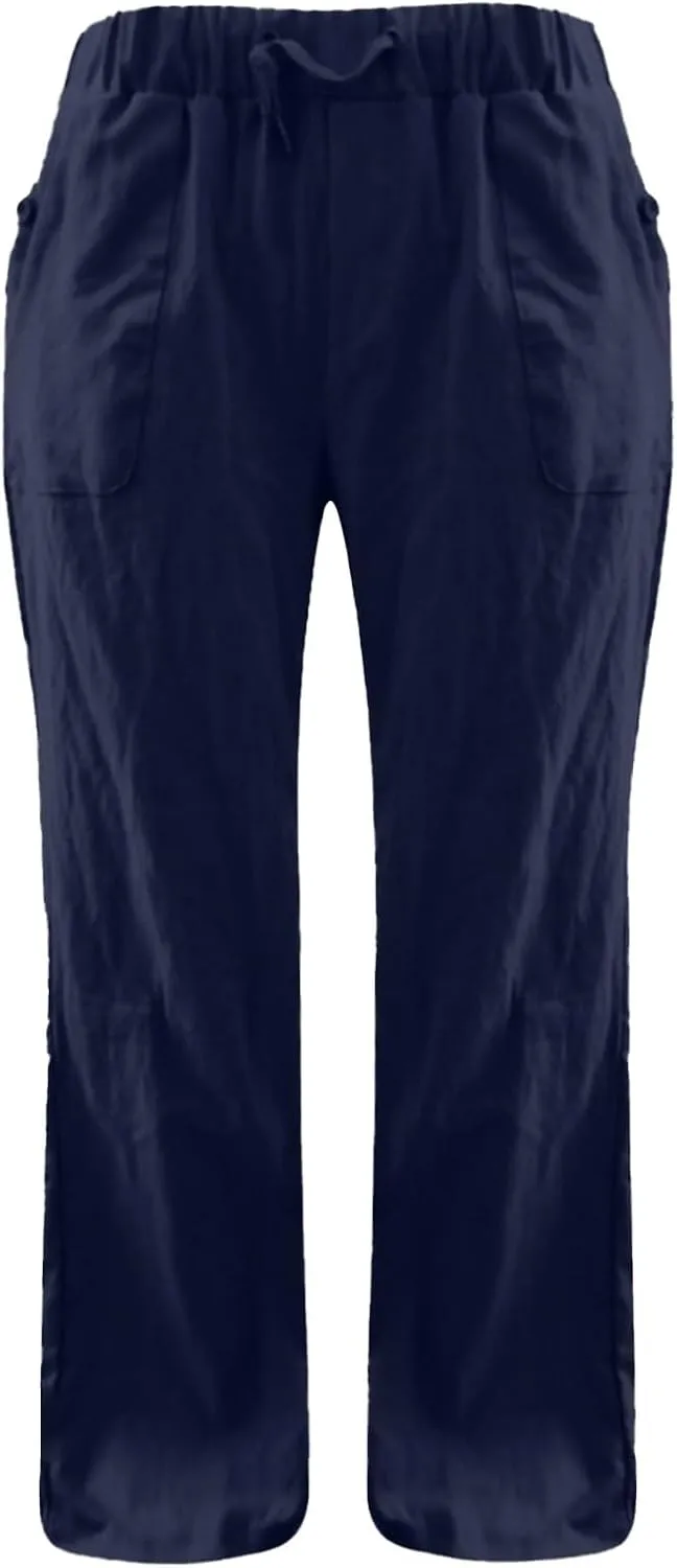 Linen Pants for Women Drawstring Wide Straight Leg Loose Fit Trousers with Pocket Summer Casual Outing Loungewear