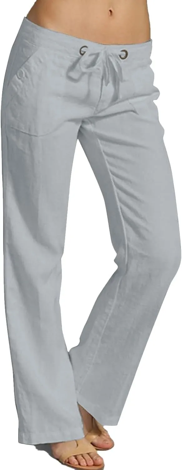 Linen Pants for Women Drawstring Wide Straight Leg Loose Fit Trousers with Pocket Summer Casual Outing Loungewear