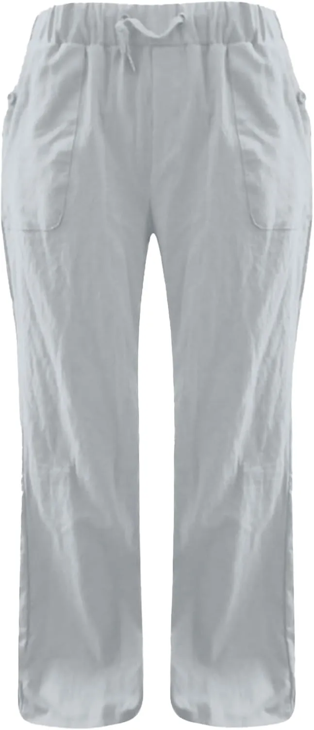 Linen Pants for Women Drawstring Wide Straight Leg Loose Fit Trousers with Pocket Summer Casual Outing Loungewear