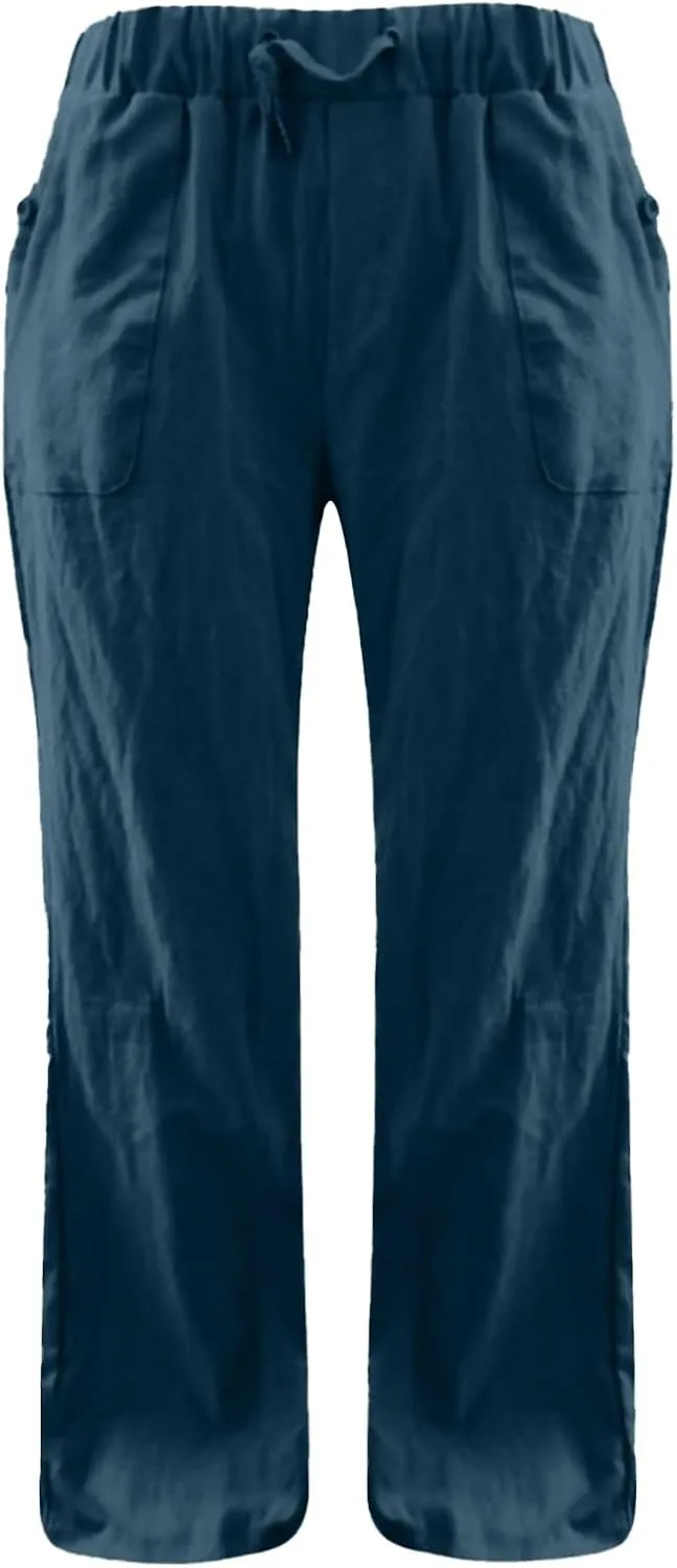 Linen Pants for Women Drawstring Wide Straight Leg Loose Fit Trousers with Pocket Summer Casual Outing Loungewear
