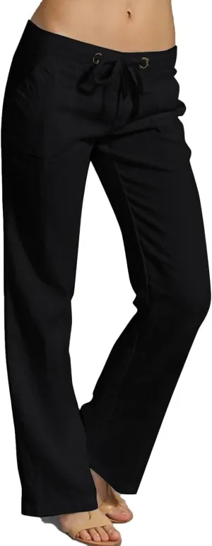 Linen Pants for Women Drawstring Wide Straight Leg Loose Fit Trousers with Pocket Summer Casual Outing Loungewear