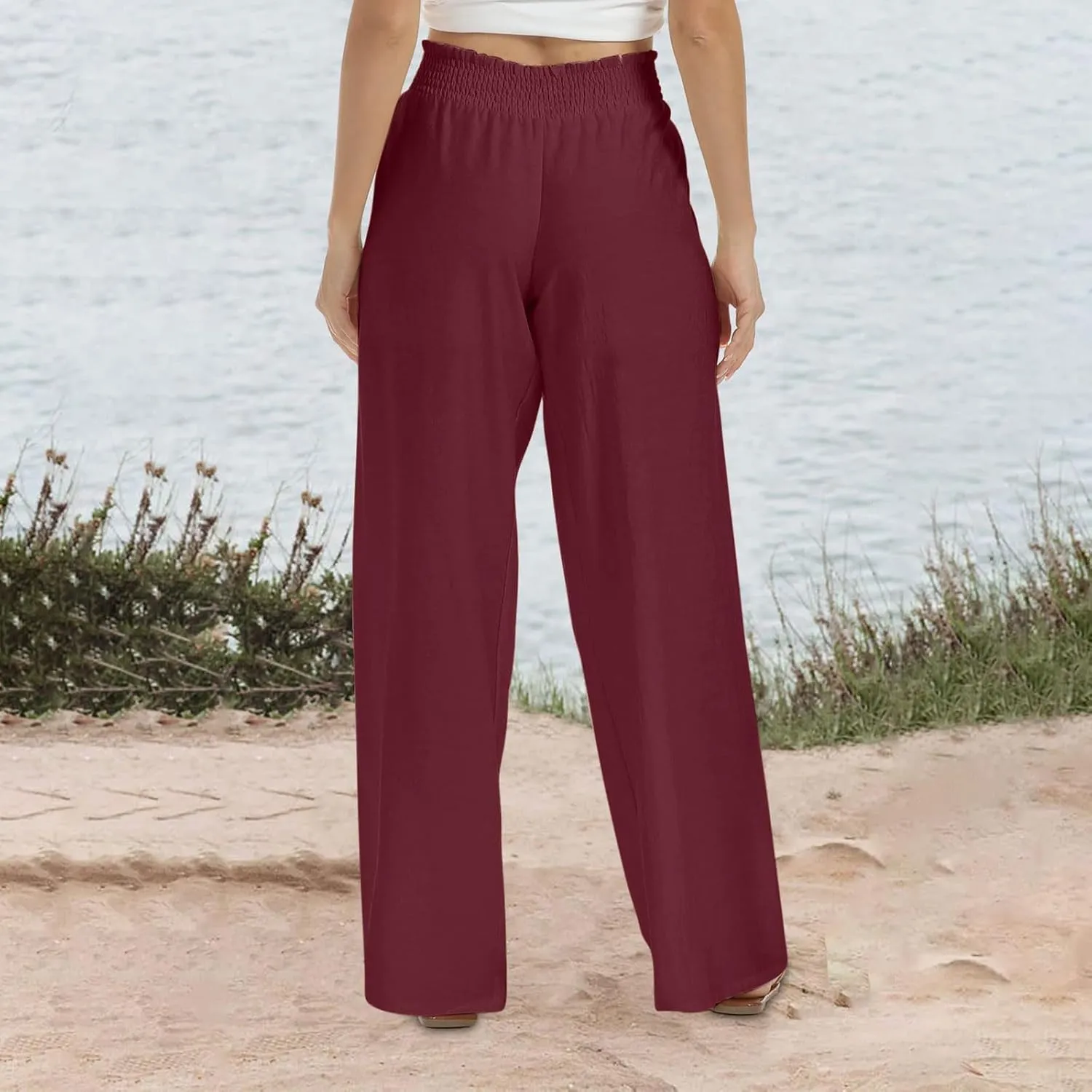 Linen Pants for Women Summer Wide Leg Pant Elastic Waist Beach Pants Loose Casual Palazzo Lounge Trousers with Pockets