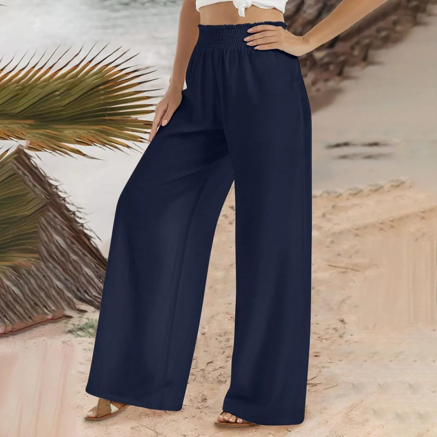 Linen Pants for Women Summer Wide Leg Pant Elastic Waist Beach Pants Loose Casual Palazzo Lounge Trousers with Pockets