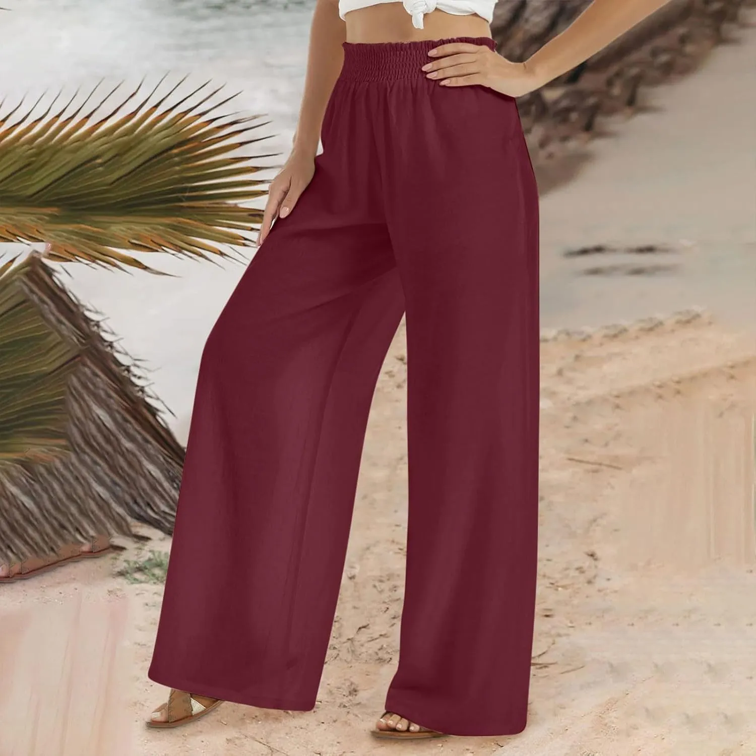 Linen Pants for Women Summer Wide Leg Pant Elastic Waist Beach Pants Loose Casual Palazzo Lounge Trousers with Pockets