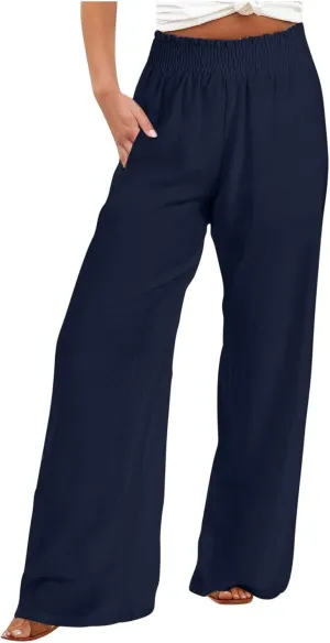 Linen Pants for Women Summer Wide Leg Pant Elastic Waist Beach Pants Loose Casual Palazzo Lounge Trousers with Pockets
