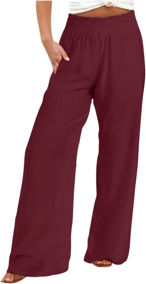 Linen Pants for Women Summer Wide Leg Pant Elastic Waist Beach Pants Loose Casual Palazzo Lounge Trousers with Pockets
