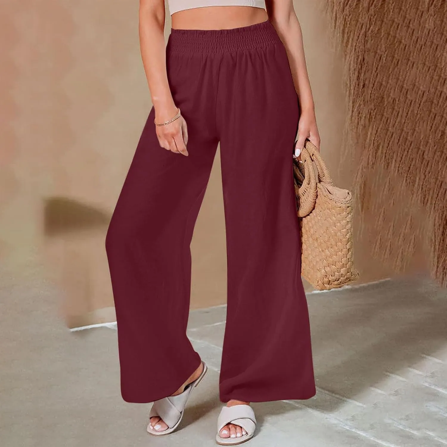 Linen Pants for Women Summer Wide Leg Pant Elastic Waist Beach Pants Loose Casual Palazzo Lounge Trousers with Pockets