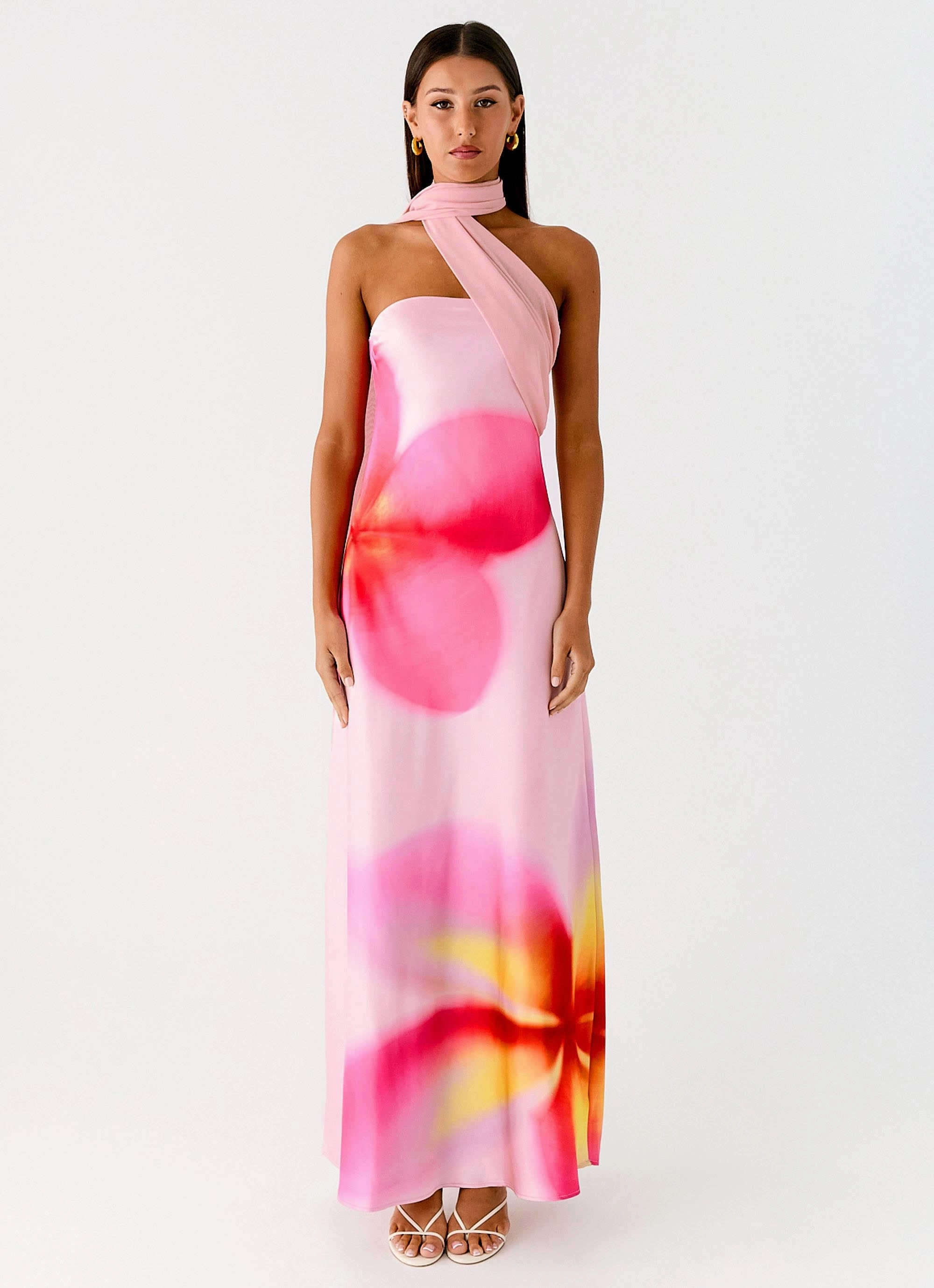 Isa Scarf Satin Maxi Dress - Frangipani Pink Casual Waist