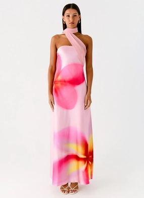 Isa Scarf Satin Maxi Dress - Frangipani Pink Casual Waist