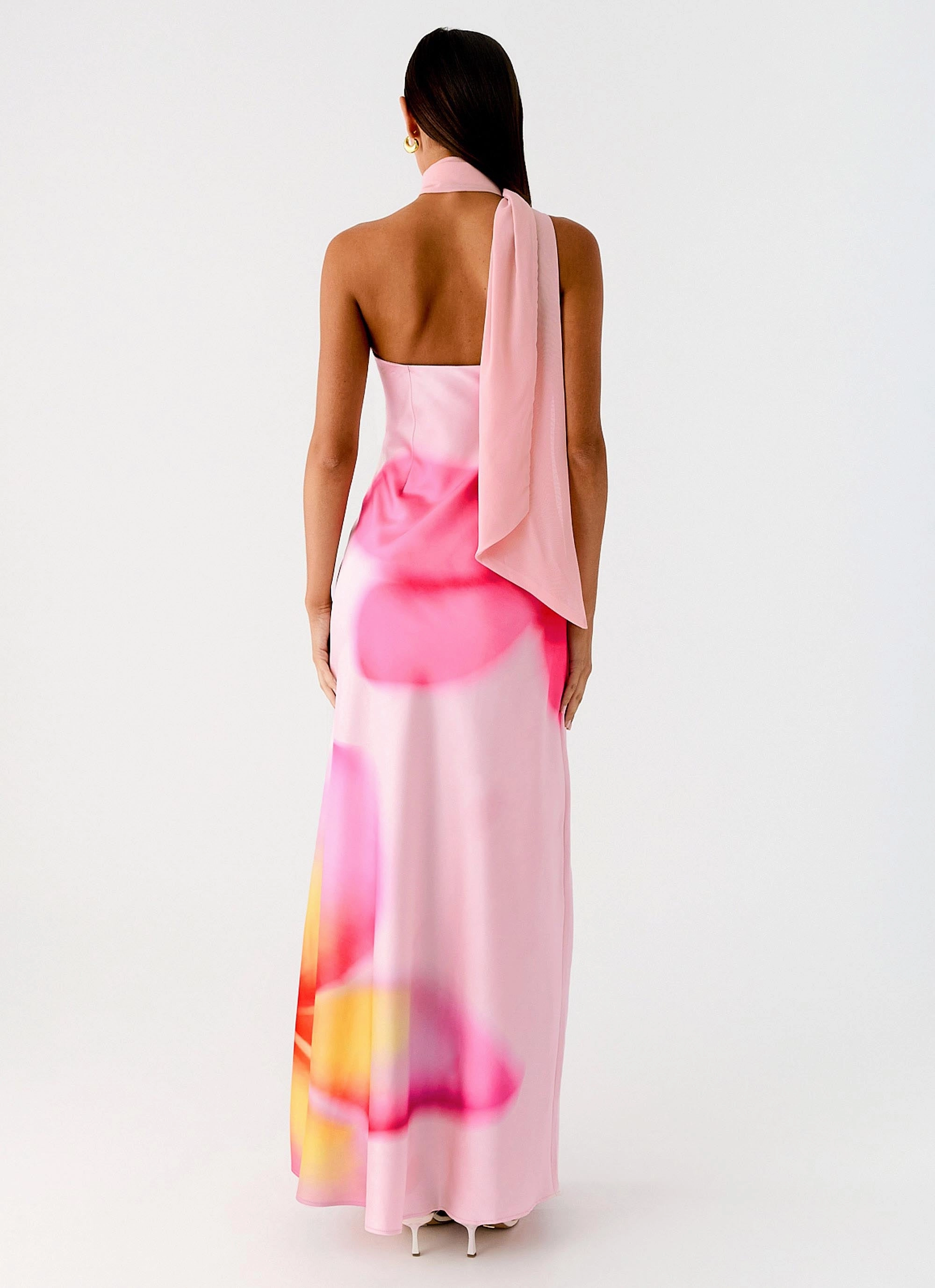 Isa Scarf Satin Maxi Dress - Frangipani Pink Silk Flow