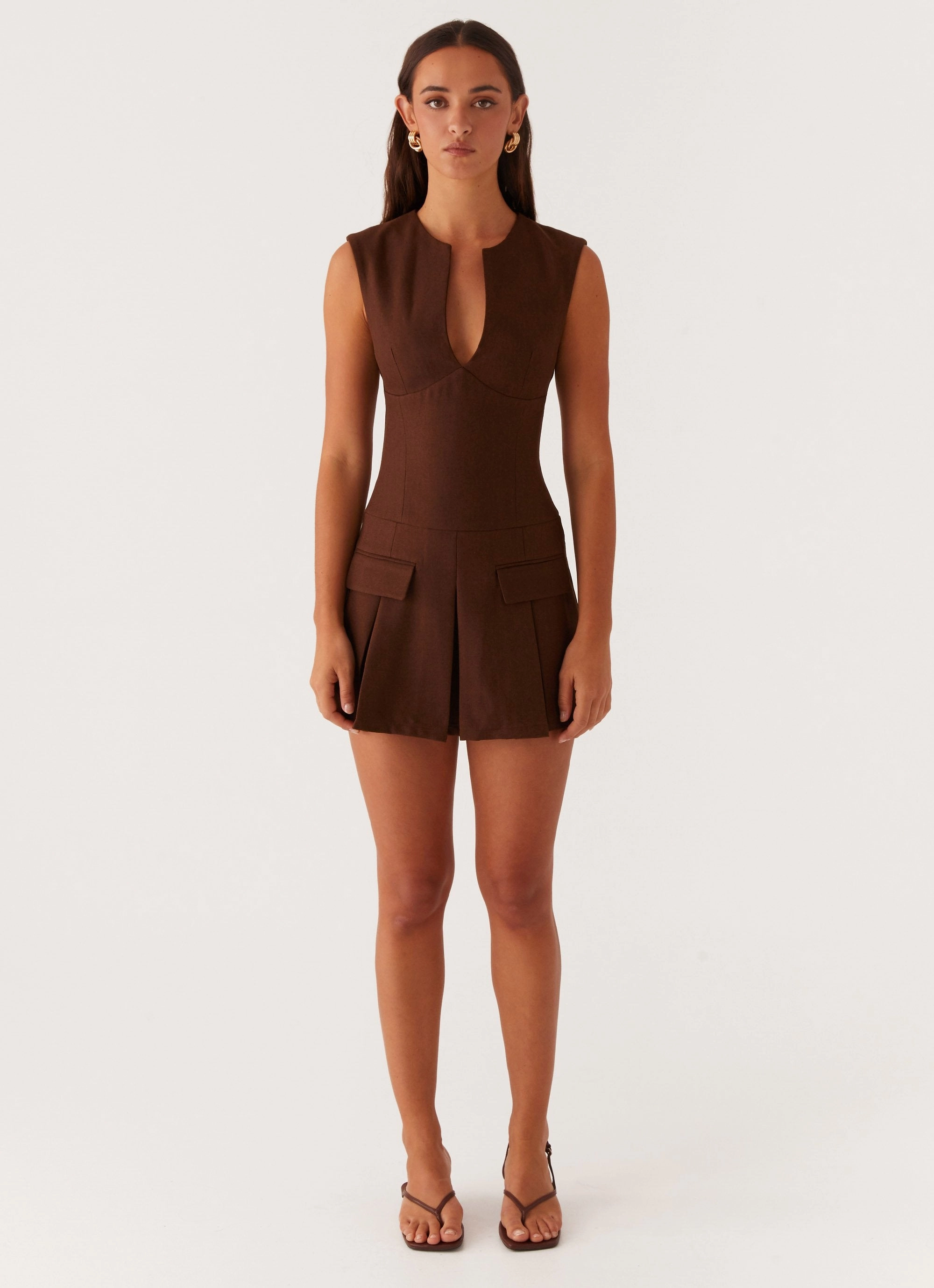 Trendy Tailoring Lace-Sleeve Cassia Mini Dress - Brown