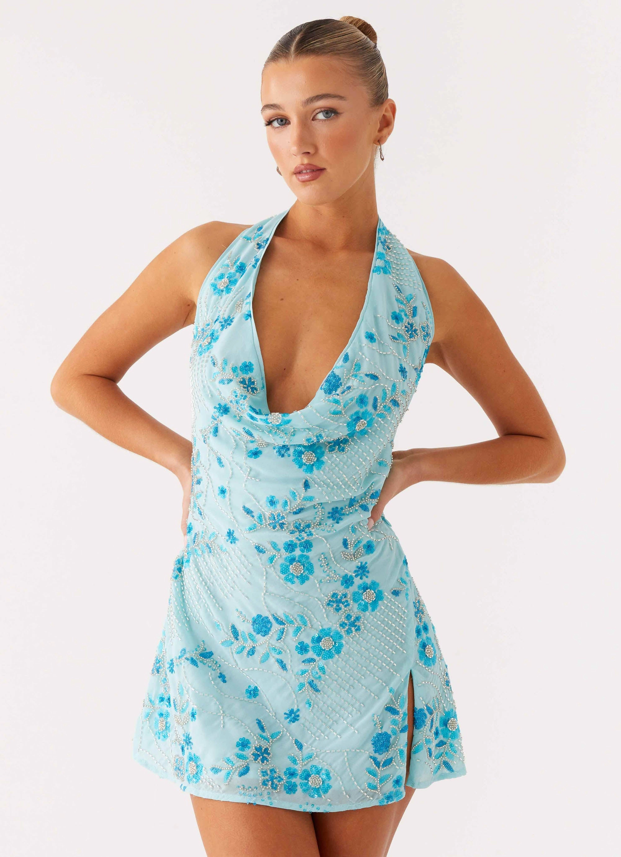 Cinzia Beaded Mini Dress - Blue Day Outfit Fashion Look