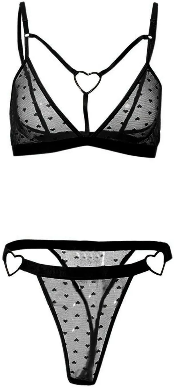 Lingerie Set Women's Sexy 2 Piece Lingerie Sets V Neck Babydoll Lingerie 2 Piece Mesh Bralette Set