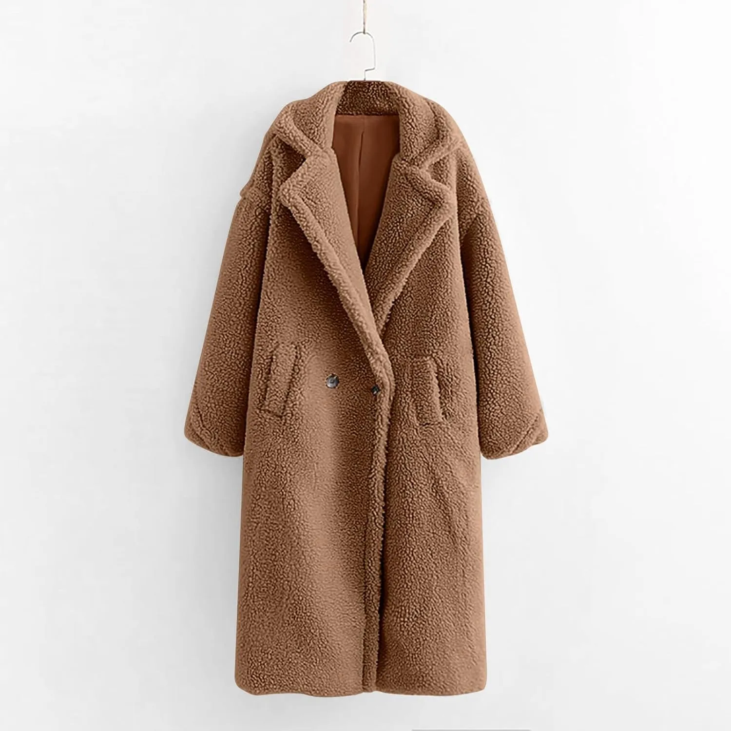 Long Faux Fur Coats for Women Elegant Trendy Lapel Collar Pea Coats Solid Color Open Front Cardigan Outwear Overcoat