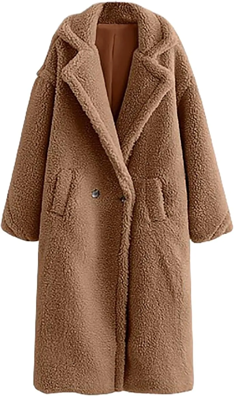 Long Faux Fur Coats for Women Elegant Trendy Lapel Collar Pea Coats Solid Color Open Front Cardigan Outwear Overcoat