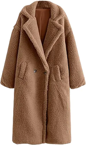 Long Faux Fur Coats for Women Elegant Trendy Lapel Collar Pea Coats Solid Color Open Front Cardigan Outwear Overcoat