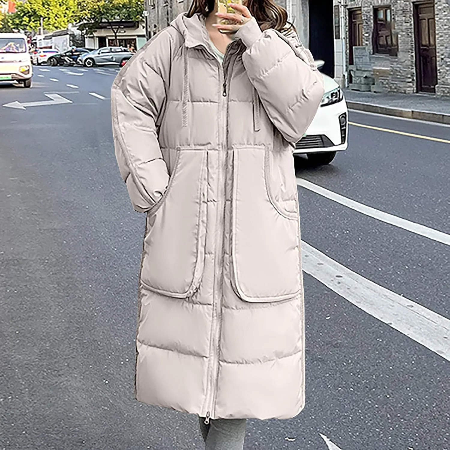 Long Quilted Jackets Womens Hooded Maxi Length Long Sleeve Puffer Jacket Thicken Padded Down Coat with Deep Pocket