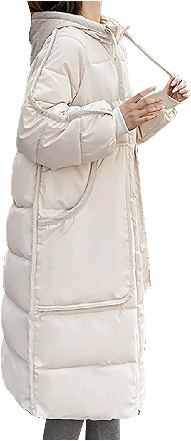 Long Quilted Jackets Womens Hooded Maxi Length Long Sleeve Puffer Jacket Thicken Padded Down Coat with Deep Pocket