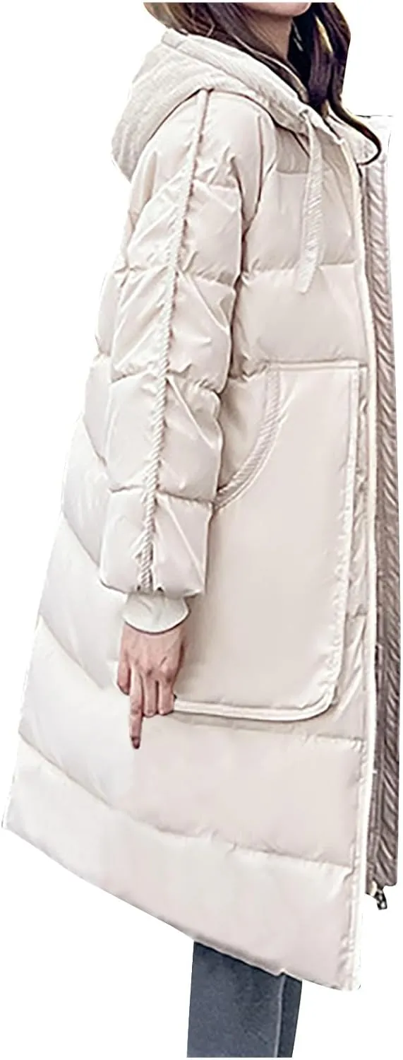 Long Quilted Jackets Womens Hooded Maxi Length Long Sleeve Puffer Jacket Thicken Padded Down Coat with Deep Pocket