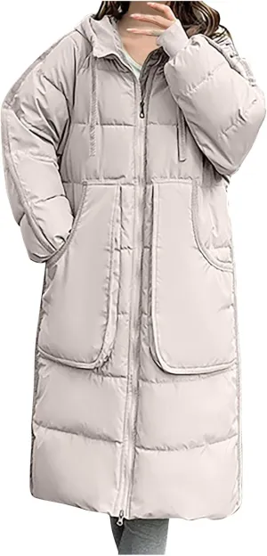 Long Quilted Jackets Womens Hooded Maxi Length Long Sleeve Puffer Jacket Thicken Padded Down Coat with Deep Pocket