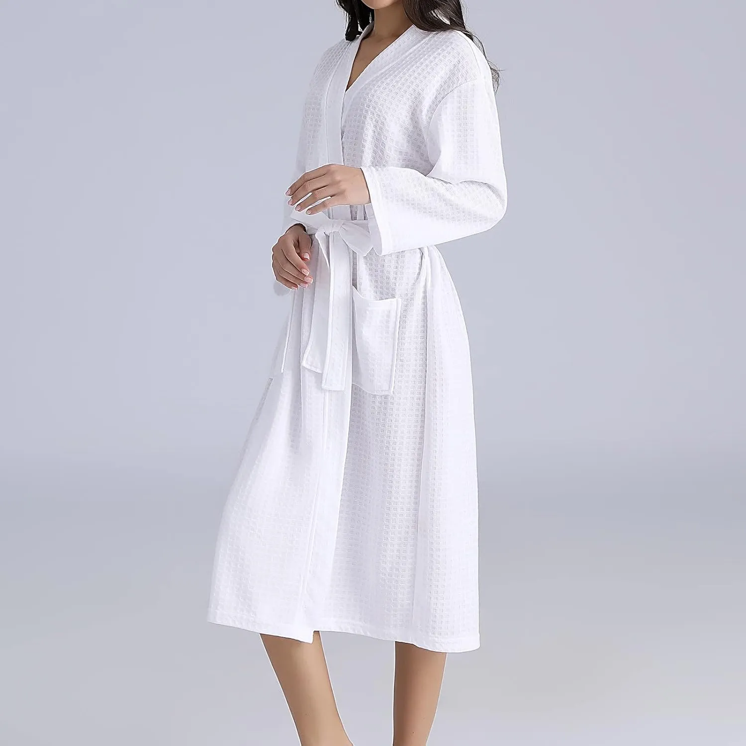 Long Robes for Women Lightweight Knit V Neck Long Sleeve Kimono Bathrobe Soft Spa Robe Sexy Loungewear with Pockets